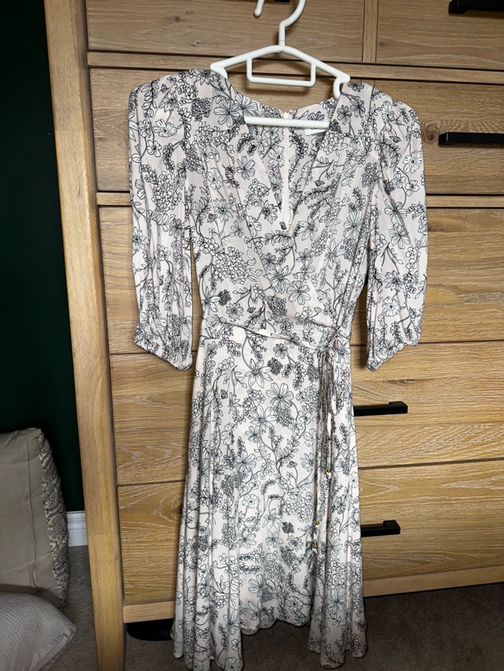 Calvin Klein Baby Pink Midi Wrap Dress with Black Floral Print